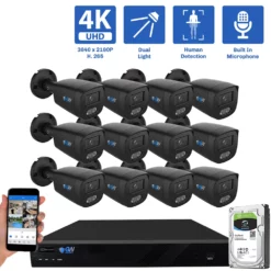 16-Channel NVR Security Camera System with 12 * 8MP IP POE 2.8mm Fixed Lens Black Bullet Security Cameras, Built-in Microphone, Human Detection, Dual-Light