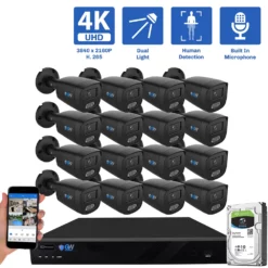 16-Channel NVR Security Camera System with 16 * 8MP IP POE 2.8mm Fixed Lens Black Bullet Security Cameras, Built-in Microphone, Human Detection, Dual-Light