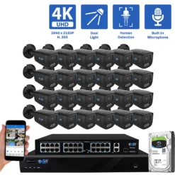 32-Channel NVR Security Camera System with 24* 8MP IP POE 2.8mm Fixed Lens Black Bullet Security Cameras, Built-in Microphone, Human Detection, Dual-Light