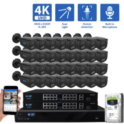 32-Channel NVR Security Camera System with 32* 8MP IP POE 2.8mm Fixed Lens Black Bullet Security Cameras, Built-in Microphone, Human Detection, Dual-Light