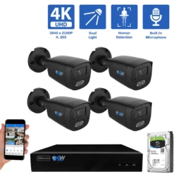 8-Channel NVR Security Camera System with 4 * 8MP IP POE 2.8mm Fixed Lens Black Bullet Security Cameras, Built-in Microphone, Human Detection, Dual-Light