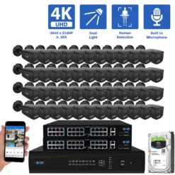 64-Channel NVR Security Camera System with 48* 8MP IP POE 2.8mm Fixed Lens Black Bullet Security Cameras, Built-in Microphone, Human Detection, Dual-Light