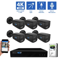 8-Channel NVR Security Camera System with 6 * 8MP IP POE 2.8mm Fixed Lens Black Bullet Security Cameras, Built-in Microphone, Human Detection, Dual-Light