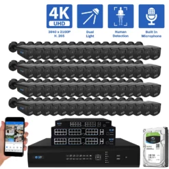 64-Channel NVR Security Camera System with 64* 8MP IP POE 2.8mm Fixed Lens Black Bullet Security Cameras, Built-in Microphone, Human Detection, Dual-Light