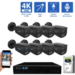8-Channel NVR Security Camera System with 8 * 8MP IP POE 2.8mm Fixed Lens Black Bullet Security Cameras, Built-in Microphone, Human Detection, Dual-Light