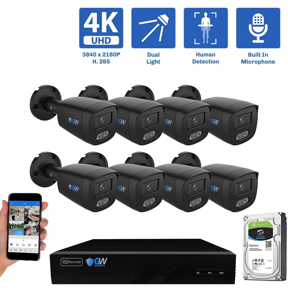 8-Channel NVR Security Camera System with 8 * 8MP IP POE 2.8mm Fixed Lens Black Bullet Security Cameras, Built-in Microphone, Human Detection, Dual-Light