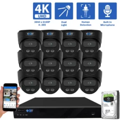 16-Channel NVR Security Camera System with 12 * 8MP IP POE 2.8mm Fixed Lens Black Turret Security Cameras, Built-in Microphone, Human Detection, Dual-Light