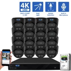 16-Channel NVR Security Camera System with 16 * 8MP IP POE 2.8mm Fixed Lens Black Turret Security Cameras, Built-in Microphone, Human Detection, Dual-Light