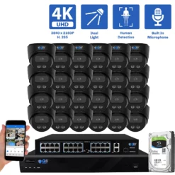 32-Channel NVR Security Camera System with 24 * 8MP IP POE 2.8mm Fixed Lens Black Turret Security Cameras, Built-in Microphone, Human Detection, Dual-Light