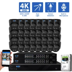 32-Channel NVR Security Camera System with 32 * 8MP IP POE 2.8mm Fixed Lens Black Turret Security Cameras, Built-in Microphone, Human Detection, Dual-Light
