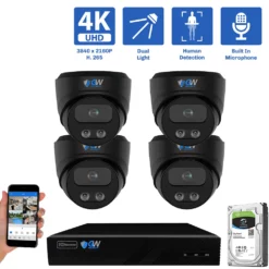8-Channel NVR Security Camera System with 4 * 8MP IP POE 2.8mm Fixed Lens Black Turret Security Cameras, Built-in Microphone, Human Detection, Dual-Light