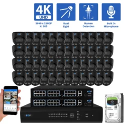 64-Channel NVR Security Camera System with 48 * 8MP IP POE 2.8mm Fixed Lens Black Turret Security Cameras, Built-in Microphone, Human Detection, Dual-Light