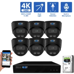 8-Channel NVR Security Camera System with 6 * 8MP IP POE 2.8mm Fixed Lens Black Turret Security Cameras, Built-in Microphone, HumanDetection, Dual-Light