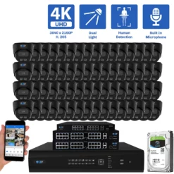 64-Channel NVR Security Camera System with 64 * 8MP IP POE 2.8mm Fixed Lens Black Turret Security Cameras, Built-in Microphone, Human and Vehicle Detection, Dual-Light