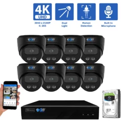 8-Channel NVR Security Camera System with 8 * 8MP IP POE 2.8mm Fixed Lens Black Turret Security Cameras, Built-in Microphone, Human Detection, Dual-Light