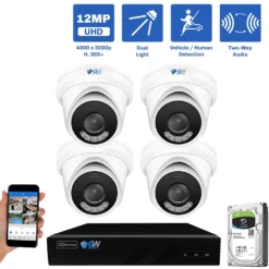 8 Channel NVR Security Camera System with 4 * 12MP 4mm Fixed Lens IP Turret Security Camera, Two-Way Audio, Color Night Vision, Dual-Light