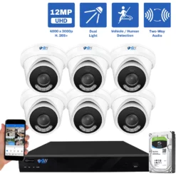 16 Channel NVR Security Camera System with 6 * 12MP 4mm Fixed Lens IP Turret Security Camera, Two-Way Audio, Full-Time Color Night Vision, Dual-Light