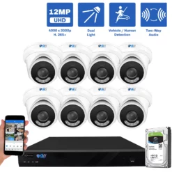 16 Channel NVR Security Camera System with 8 * 12MP 4mm Fixed Lens IP Turret Security Camera, Two-Way Audio, Color Night Vision, Dual-Light
