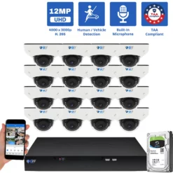 16 Channel NVR Security Camera System with 16 * 6K 12MP IP 2.8mm Fixed Lens Mini-Dome Security Camera, Human / Vehicle Detection, Smart AI Analytics, Built-In Microphone, PoE