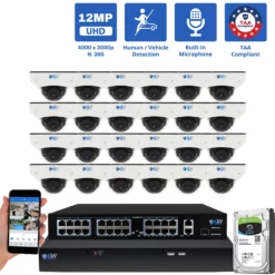 32 Channel NVR Security Camera System with 24 * 6K 12MP IP 2.8mm Fixed Lens Mini-Dome Security Camera, Human / Vehicle Detection, Smart AI Analytics, Built-In Microphone, PoE