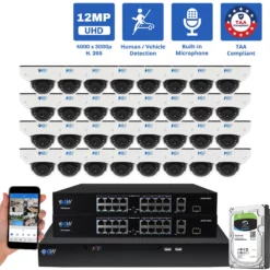 32 Channel NVR Security Camera System with 32 * 6K 12MP IP 2.8mm Fixed Lens Mini-Dome Security Camera, Human / Vehicle Detection, Smart AI Analytics, Built-In Microphone, PoE