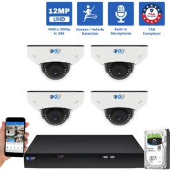 8 Channel NVR Security Camera System with 4 * 6K 12MP IP 2.8mm Fixed Lens Mini-Dome Security Camera, Human / Vehicle Detection, Smart AI Analytics, Built-In Microphone, PoE