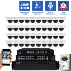 64 Channel NVR Security Camera System with 40 * 6K 12MP IP 2.8mm Fixed Lens Mini-Dome Security Camera, Human / Vehicle Detection, Smart AI Analytics, Built-In Microphone, PoE