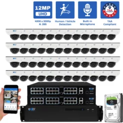 64 Channel NVR Security Camera System with 48 * 6K 12MP IP 2.8mm Fixed Lens Mini-Dome Security Camera, Human / Vehicle Detection, Smart AI Analytics, Built-In Microphone, PoE