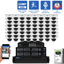 64 Channel NVR Security Camera System with 56 * 6K 12MP IP 2.8mm Fixed Lens Mini-Dome Security Camera, Human / Vehicle Detection, Smart AI Analytics, Built-In Microphone, PoE