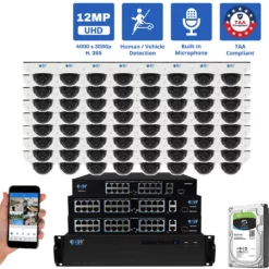 64 Channel NVR Security Camera System with 64 * 6K 12MP IP 2.8mm Fixed Lens Mini-Dome Security Camera, Human / Vehicle Detection, Smart AI Analytics, Built-In Microphone, PoE