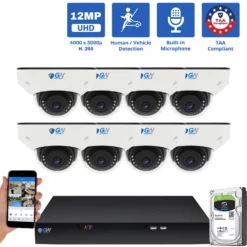 8 Channel NVR Security Camera System with 8 * 6K 12MP IP 2.8mm Fixed Lens Mini-Dome Security Camera, Human / Vehicle Detection, Smart AI Analytics, Built-In Microphone, PoE