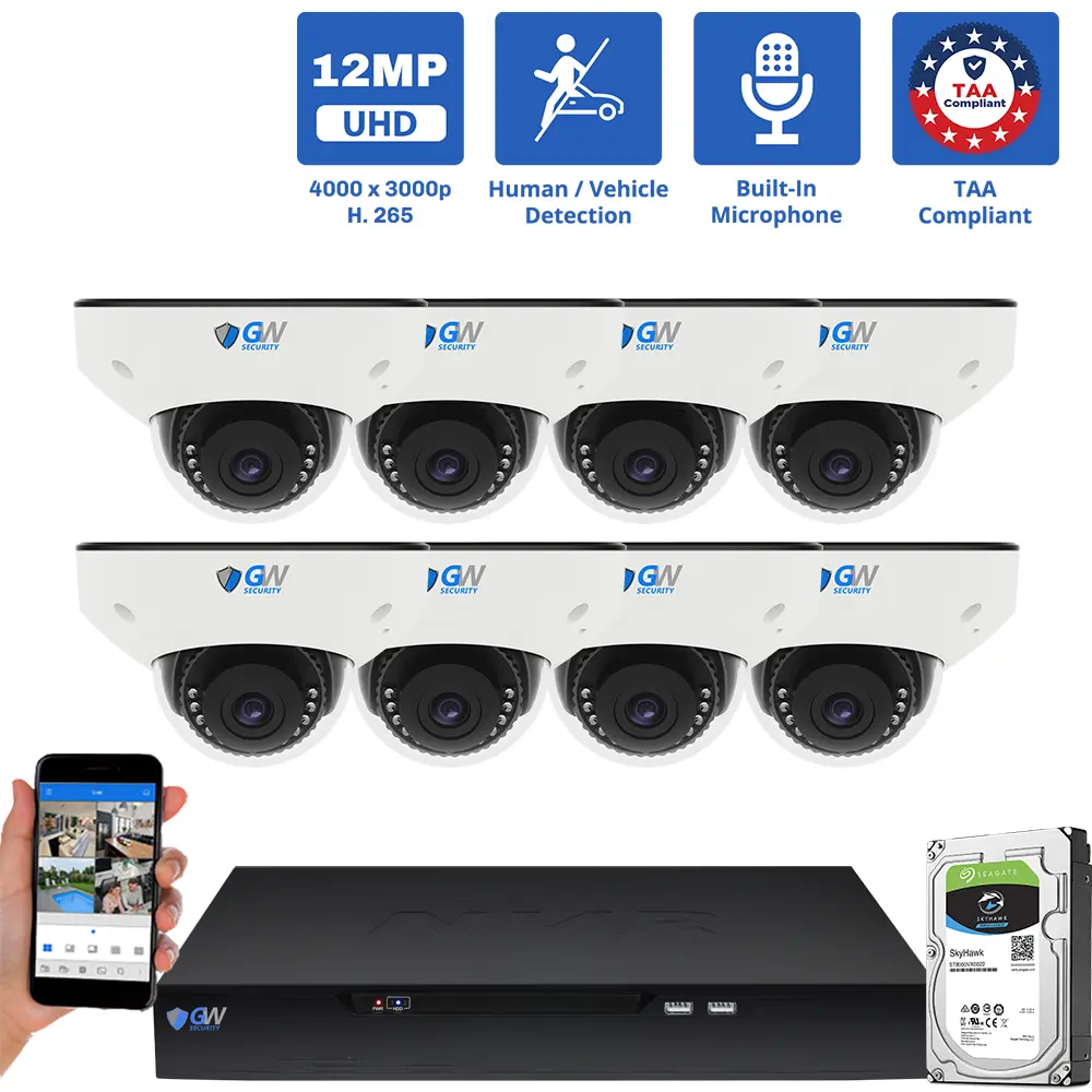 8 Channel NVR Security Camera System with 8 * 6K 12MP IP 2.8mm Fixed Lens Mini-Dome Security Camera, Human / Vehicle Detection, Smart AI Analytics, Built-In Microphone, PoE