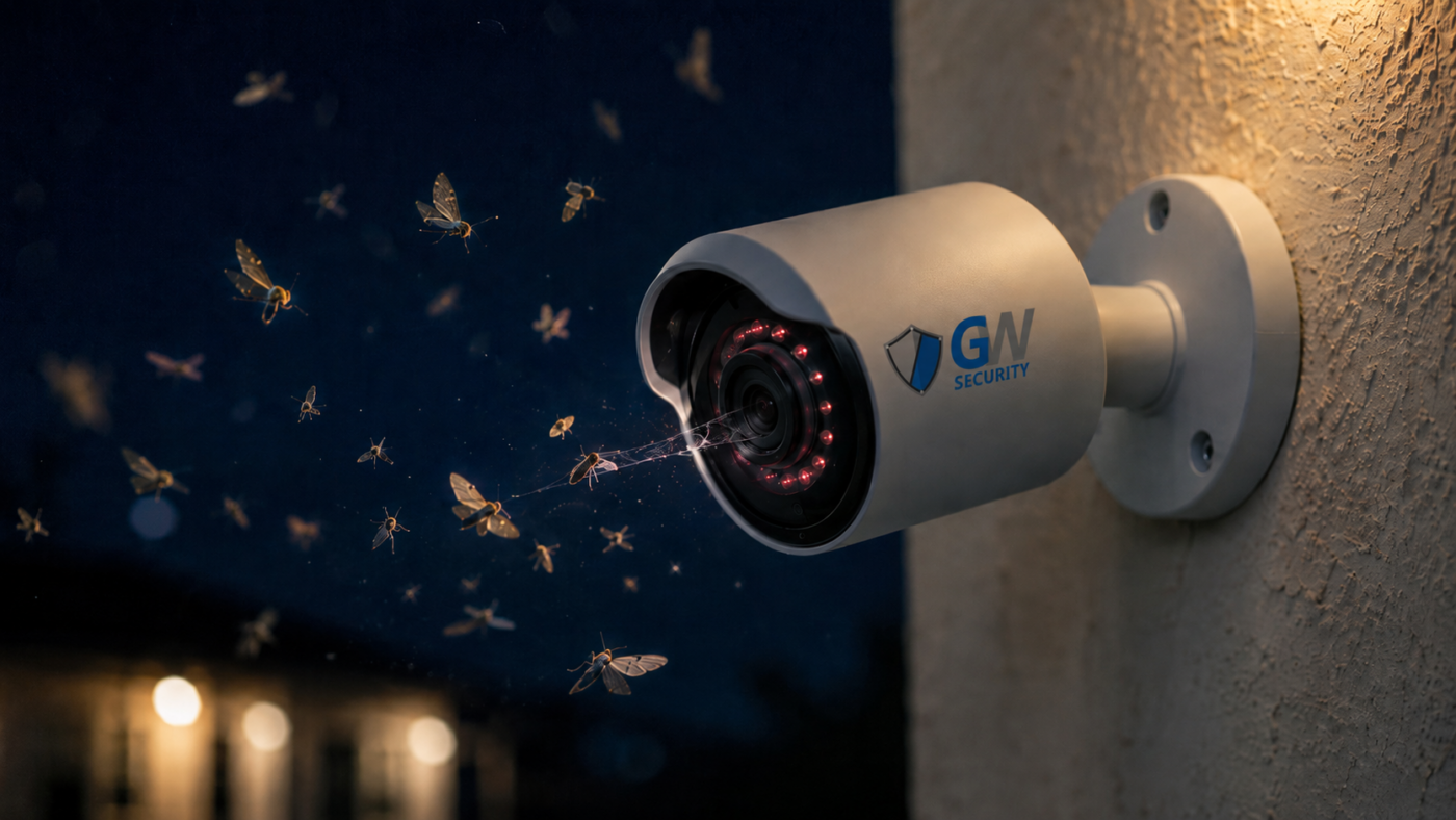 Bugs, moths, and spider cobwebs around outdoor security camera IR light at night
