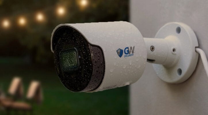 GW Security bullet camera from a DVR security camera system mounted outdoors in the rain