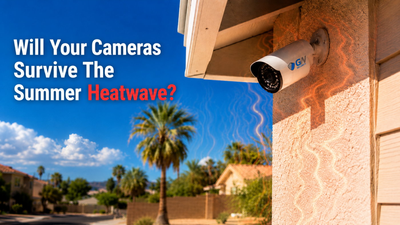 GW Security outdoor bullet camera mounted under an eave during a summer heat wave with visible heat shimmer