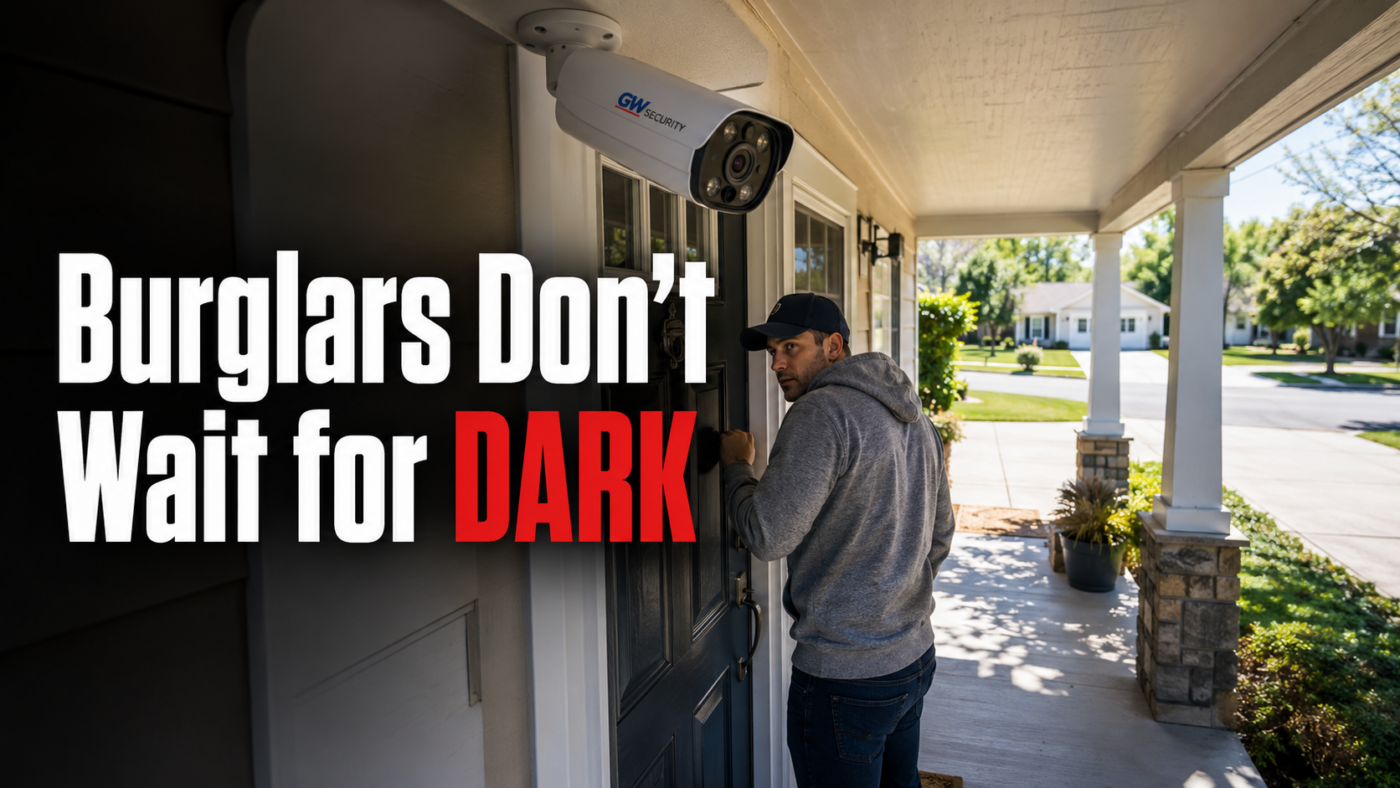 Man in hoodie knocking on a front door in daylight watched by a GW Security camera - burglars do not wait for dark