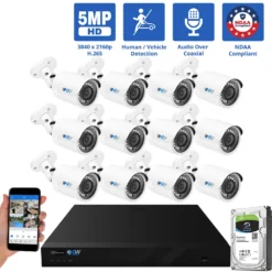 16 Channel Coaxial Security Camera System with 12 * 5MP Analog Bullet 2.8mm Fixed Lens Camera, Human / Vehicle Detection, Built-In Mic