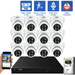16 Channel Coaxial Security Camera System with 12 * 5MP Analog Turret 2.8mm Fixed Lens Camera, Human / Vehicle Detection, Built-In Mic