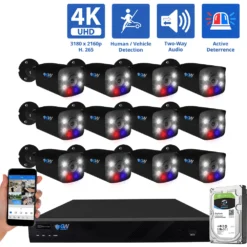 16 Channel NVR Security Camera System with 12 * 8MP IP POE 2.8mm Fixed Lens Black Bullet Security Cameras, Human/Vehicle Detection, Face Recognition, Two-Way Audio, Full-Time Color Night Vision, Active Deterrence
