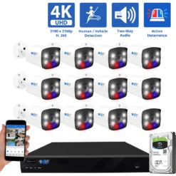 16 Channel NVR Security Camera System with 12 * 8MP IP POE 2.8mm Fixed Lens Bullet Security Cameras, Human/Vehicle Detection, Face Recognition, Two-Way Audio, Full-Time Color Night Vision, Active Deterrence