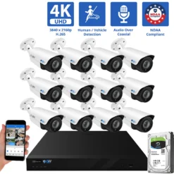 16 Channel Coaxial Security Camera System with 12 * 8MP Analog Bullet 2.8-12mm Varifocal Lens Camera, Human / Vehicle Detection, Built-In Mic, 4X Optical Zoom