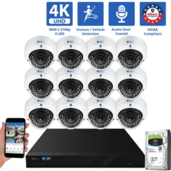 16 Channel Coaxial Security Camera System with 12 * 8MP Analog Dome 2.8-12mm Varifocal Lens Camera, Human / Vehicle Detection, Built-In Mic, 4X Optical Zoom, Vandal-Proof