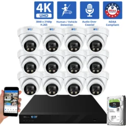16 Channel Coaxial Security Camera System with 12 * 8MP Analog Turret 2.8mm Fixed Lens Camera, Human / Vehicle Detection, Built-In Mic