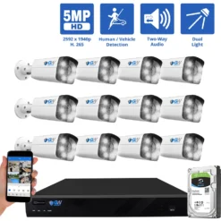 16 Channel NVR Security Camera System with 12 * 5MP IP POE 2.8mm Fixed Lens Bullet Security Cameras, Human/Vehicle Detection, Face Recognition, Two-Way Audio, Color Night Vision, Dual-Light, PoE