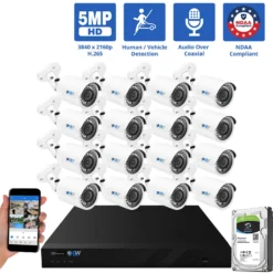 16 Channel Coaxial Security Camera System with 16 * 5MP Analog Bullet 2.8mm Fixed Lens Camera, Human / Vehicle Detection, Built-In Mic