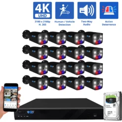 16 Channel NVR Security Camera System with 16 * 8MP IP POE 2.8mm Fixed Lens Black Bullet Security Cameras, Human/Vehicle Detection, Face Recognition, Two-Way Audio, Full-Time Color Night Vision, Active Deterrence