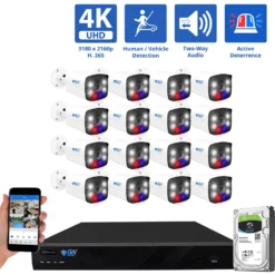16 Channel NVR Security Camera System with 16 * 8MP IP POE 2.8mm Fixed Lens Bullet Security Cameras, Human/Vehicle Detection, Face Recognition, Two-Way Audio, Full-Time Color Night Vision, Active Deterrence