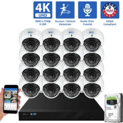 16 Channel Coaxial Security Camera System with 16 * 8MP Analog Dome 2.8-12mm Varifocal Lens Camera, Human / Vehicle Detection, Built-In Mic, 4X Optical Zoom, Vandal-Proof