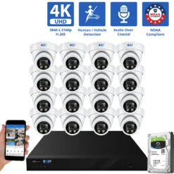 16 Channel Coaxial Security Camera System with 16 * 8MP Analog Turret 2.8mm Fixed Lens Camera, Human / Vehicle Detection, Built-In Mic