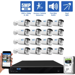 16 Channel NVR Security Camera System with 16 * 5MP IP POE 2.8mm Fixed Lens Bullet Security Cameras, Human/Vehicle Detection, Face Recognition, Two-Way Audio, Color Night Vision, Dual-Light, PoE